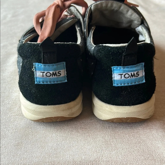 Toms Charcoal Grey and white Polka Dot Flats with pink lace. - Picture 3 of 4